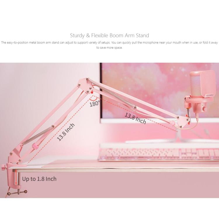 FEELWORLD VM1 USB Condenser Gaming Microphone for Streaming Noise Cancellation Mute RGB Light Boom Arm Stand (Pink)