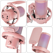 FEELWORLD VM1 USB Condenser Gaming Microphone for Streaming Noise Cancellation Mute RGB Light Boom Arm Stand (Pink)