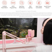 FEELWORLD VM1 USB Condenser Gaming Microphone for Streaming Noise Cancellation Mute RGB Light Boom Arm Stand (Pink)