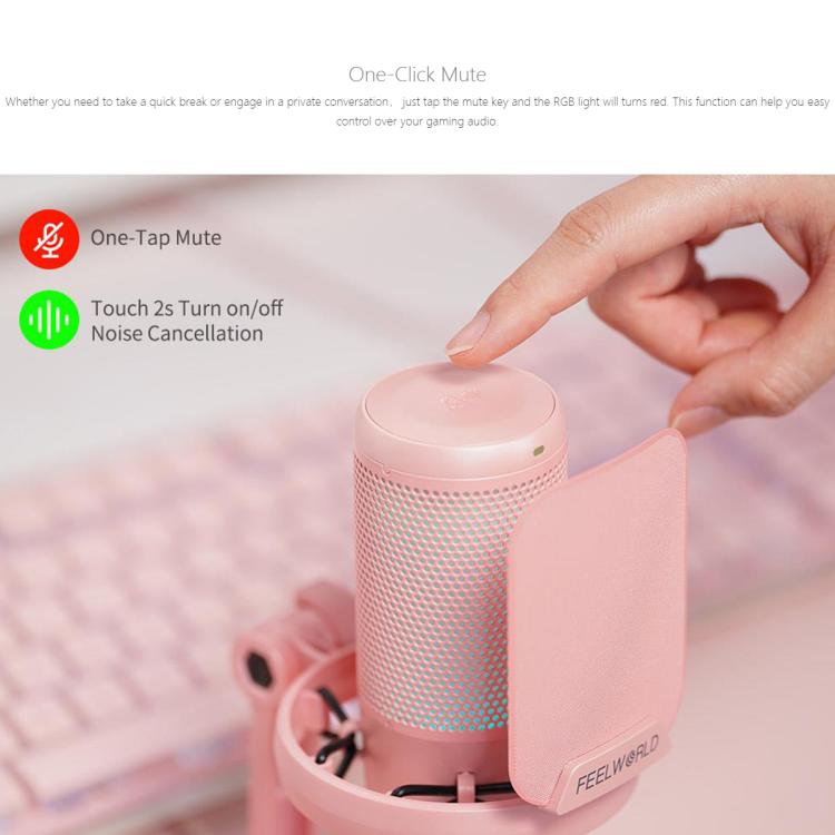FEELWORLD VM1 USB Condenser Gaming Microphone for Streaming Noise Cancellation Mute RGB Light Boom Arm Stand (Pink)