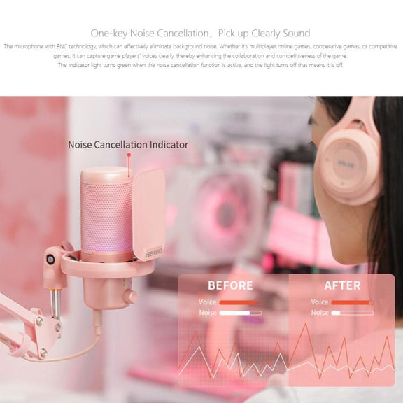 FEELWORLD VM1 USB Condenser Gaming Microphone for Streaming Noise Cancellation Mute RGB Light Boom Arm Stand (Pink)