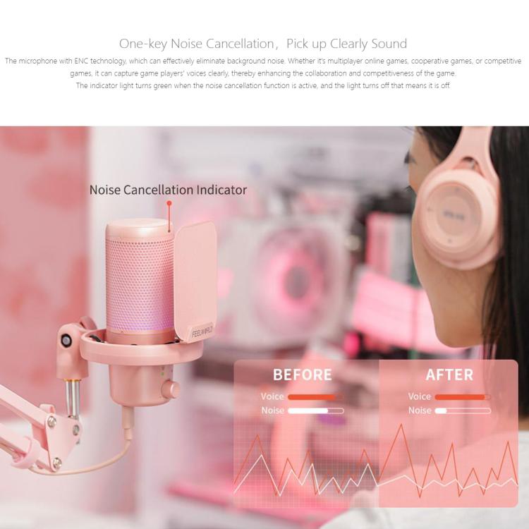 FEELWORLD VM1 USB Condenser Gaming Microphone for Streaming Noise Cancellation Mute RGB Light Boom Arm Stand (Pink)