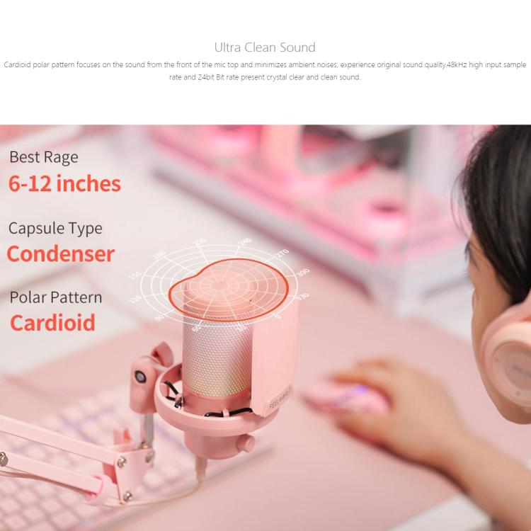 FEELWORLD VM1 USB Condenser Gaming Microphone for Streaming Noise Cancellation Mute RGB Light Boom Arm Stand (Pink) - Microphone by FEELWORLD | Online Shopping South Africa | PMC TechLife | Buy Now Pay Later Mobicred
