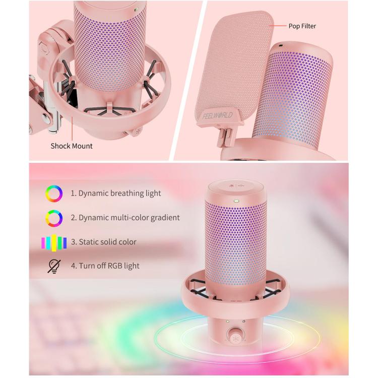 FEELWORLD VM1 USB Condenser Gaming Microphone for Streaming Noise Cancellation Mute RGB Light Boom Arm Stand (Pink) - Microphone by FEELWORLD | Online Shopping South Africa | PMC TechLife | Buy Now Pay Later Mobicred