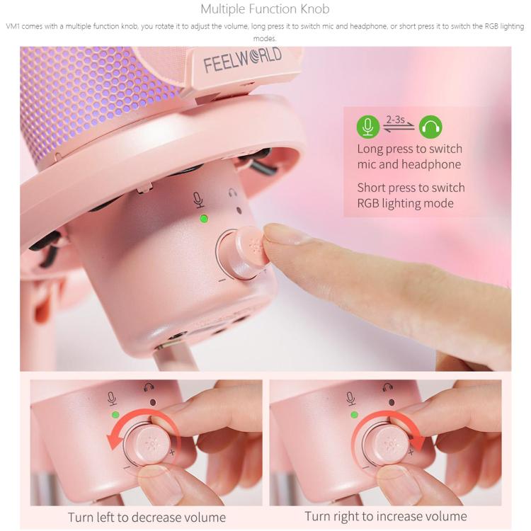 FEELWORLD VM1 USB Condenser Gaming Microphone for Streaming Noise Cancellation Mute RGB Light Boom Arm Stand (Pink) - Microphone by FEELWORLD | Online Shopping South Africa | PMC TechLife | Buy Now Pay Later Mobicred