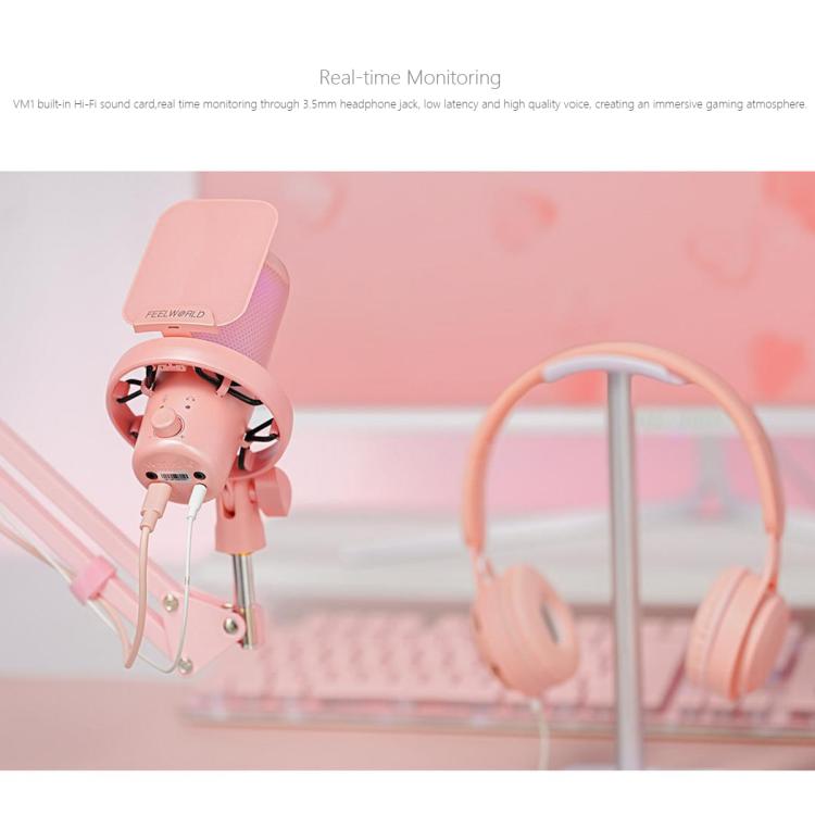 FEELWORLD VM1 USB Condenser Gaming Microphone for Streaming Noise Cancellation Mute RGB Light Boom Arm Stand (Pink) - Microphone by FEELWORLD | Online Shopping South Africa | PMC TechLife | Buy Now Pay Later Mobicred
