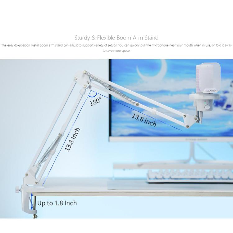 FEELWORLD VM1 USB Condenser Gaming Microphone for Streaming Noise Cancellation Mute RGB Light Boom Arm Stand (White)