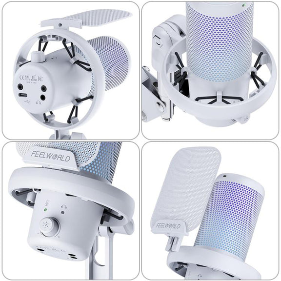 FEELWORLD VM1 USB Condenser Gaming Microphone for Streaming Noise Cancellation Mute RGB Light Boom Arm Stand (White)