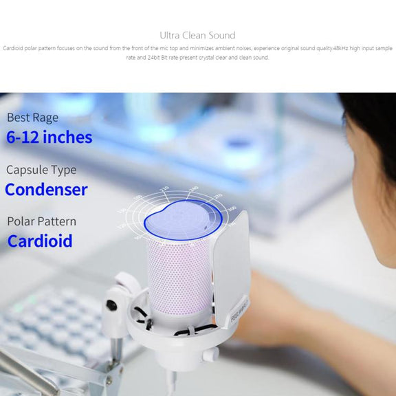 FEELWORLD VM1 USB Condenser Gaming Microphone for Streaming Noise Cancellation Mute RGB Light Boom Arm Stand (White)
