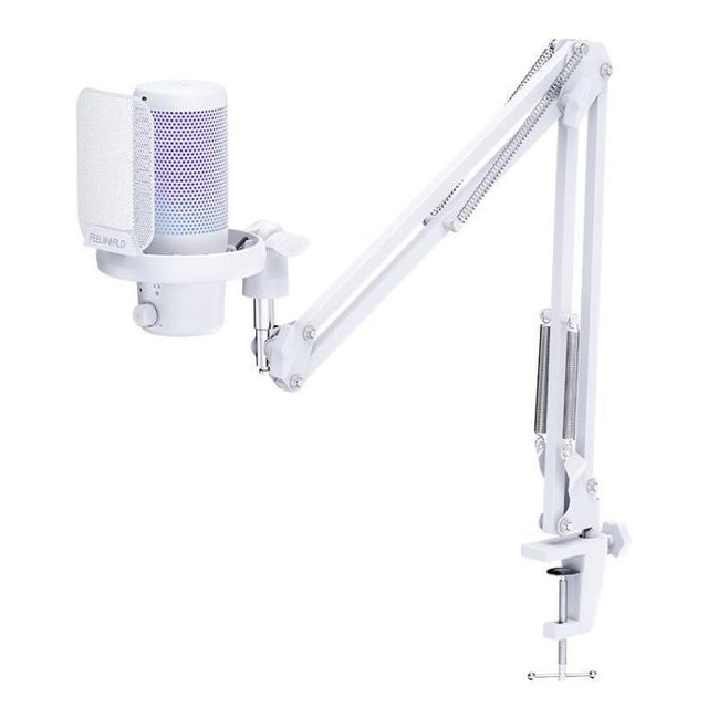 FEELWORLD VM1 USB Condenser Gaming Microphone for Streaming Noise Cancellation Mute RGB Light Boom Arm Stand (White)