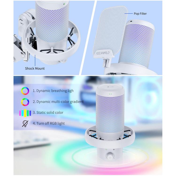 FEELWORLD VM1 USB Condenser Gaming Microphone for Streaming Noise Cancellation Mute RGB Light Boom Arm Stand (White)