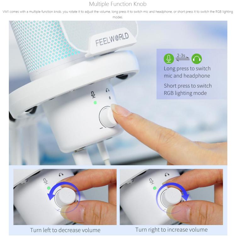 FEELWORLD VM1 USB Condenser Gaming Microphone for Streaming Noise Cancellation Mute RGB Light Boom Arm Stand (White)