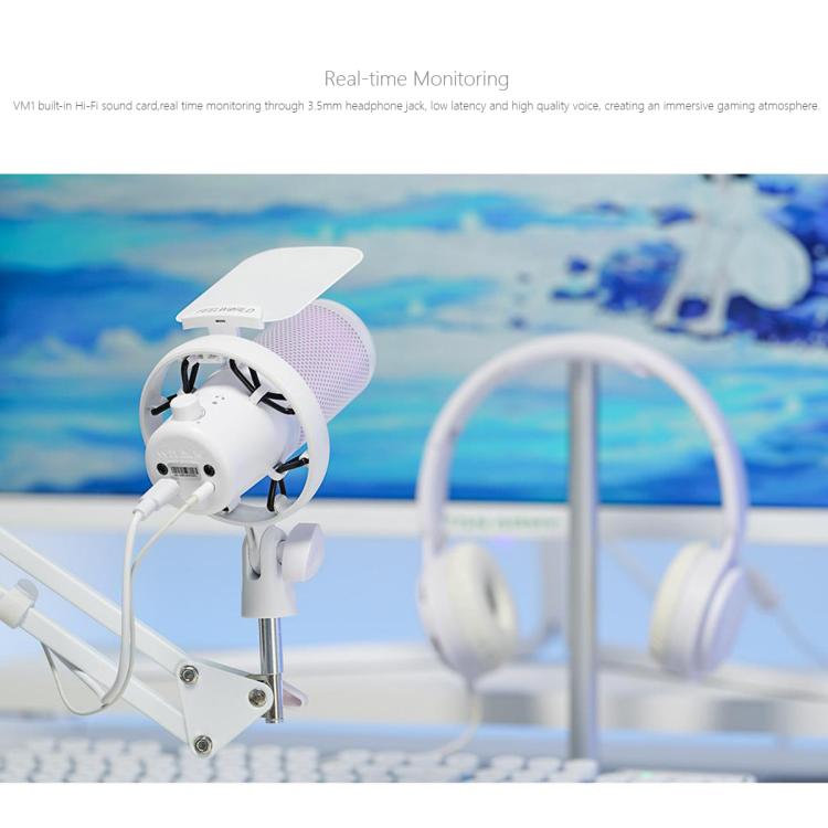 FEELWORLD VM1 USB Condenser Gaming Microphone for Streaming Noise Cancellation Mute RGB Light Boom Arm Stand (White)