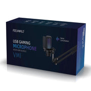 FEELWORLD VM1 USB Condenser Gaming Microphone for Streaming Noise Cancellation Mute RGB Light Boom Arm Stand (Black)