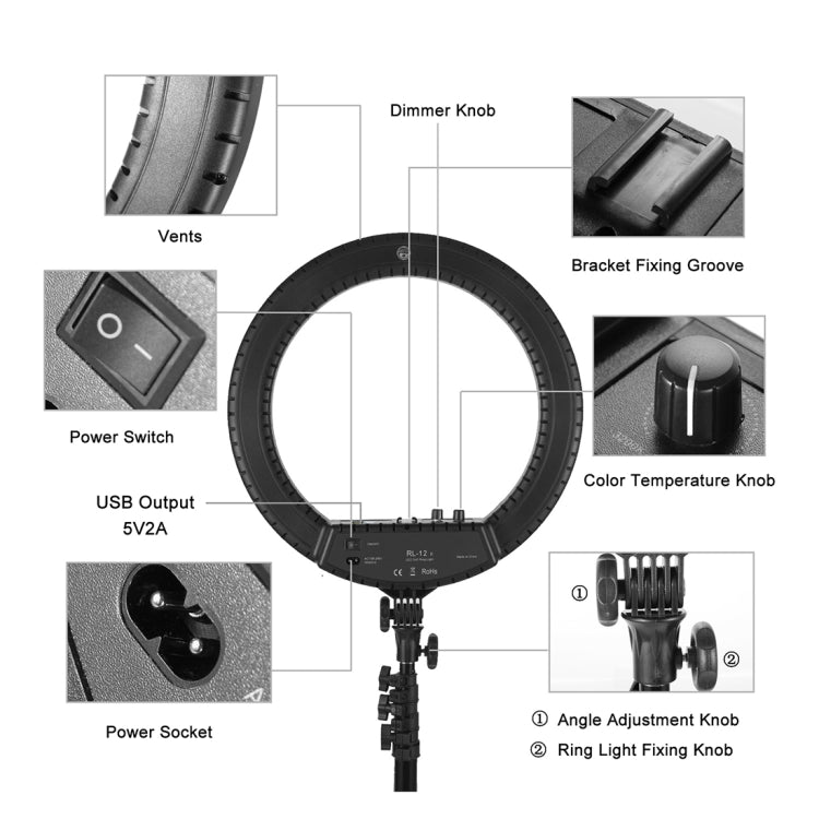 MANTOO RL-12 II 100-240V 28W 12 inch Two-color Dimmable Ring Fill Light with Tripod - free shipping - PMC Jewellery - Order now!