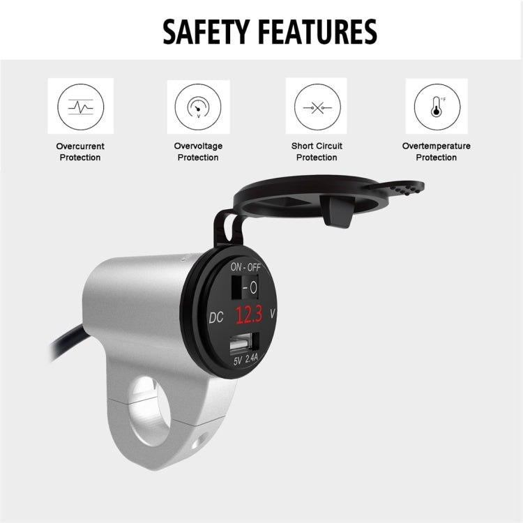 ZH-975A1 Motorcycle Aluminum Alloy Waterproof Mobile Phone Single USB Charger with Red Voltmeter(Silver) - Battery Charger by PMC TechLife | Online Shopping South Africa | PMC TechLife | Buy Now Pay Later Mobicred