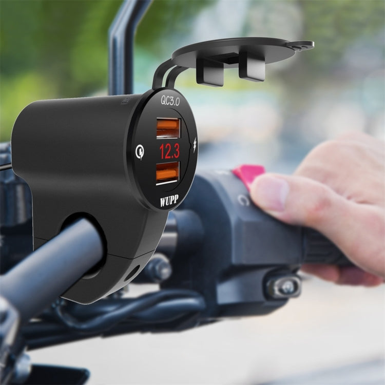 WUPP ZH-975B3 Motorcycle Aluminum Alloy Water-resistant Mobile Phone Double QC3.0 Quick Charging Charger with Voltmeter(Black)