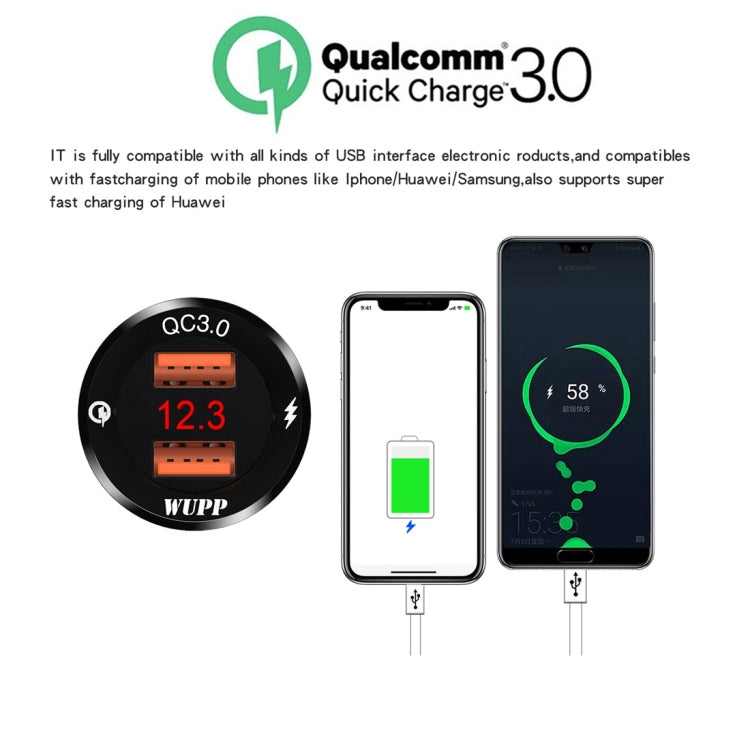 WUPP ZH-975B3 Motorcycle Aluminum Alloy Water-resistant Mobile Phone Double QC3.0 Quick Charging Charger with Voltmeter(Black)