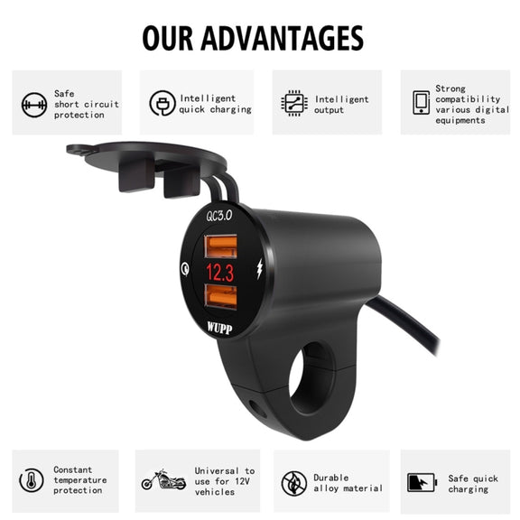 WUPP ZH-975B3 Motorcycle Aluminum Alloy Water-resistant Mobile Phone Double QC3.0 Quick Charging Charger with Voltmeter(Black)