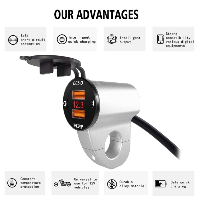 WUPP ZH-975A3 Motorcycle Aluminum Alloy Waterproof Mobile Phone Double QC3.0 Quick Charging Charger with Voltmeter(Silver) - free shipping - PMC TechLife - Order now!