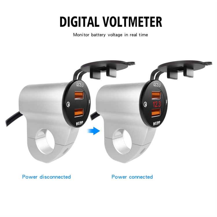 WUPP ZH-975A3 Motorcycle Aluminum Alloy Waterproof Mobile Phone Double QC3.0 Quick Charging Charger with Voltmeter(Silver) - free shipping - PMC TechLife - Order now!