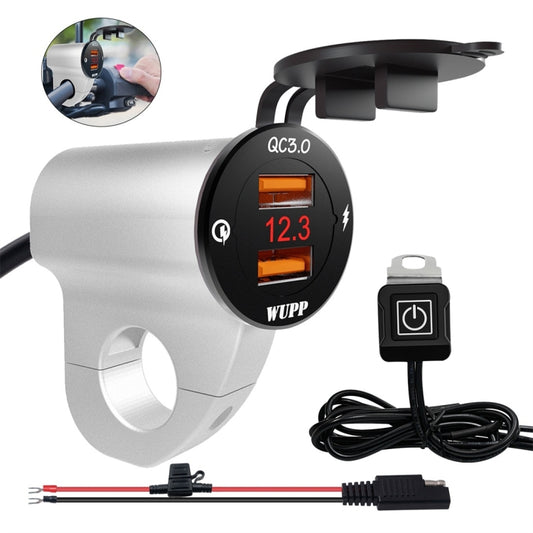 WUPP ZH-975A3 Motorcycle Aluminum Alloy Waterproof Mobile Phone Double QC3.0 Quick Charging Charger with Voltmeter(Silver) - free shipping - PMC Jewellery - Order now!