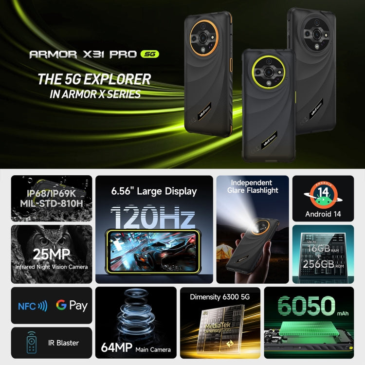 Ulefone Armor X31 Pro 5G, 8GB+256GB, Night Vision, IP68/IP69K Rugged Phone, 6.56 inch Android 14 MediaTek Dimensity 6300 Octa Core, Network: 5G, NFC, OTG (Green) - free shipping - PMC Jewellery - Order now!