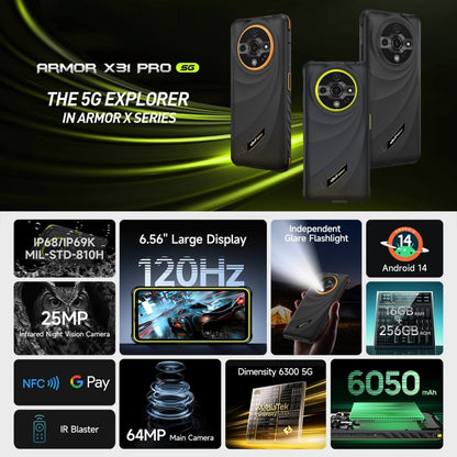 Ulefone Armor X31 Pro 5G, 8GB+256GB, Night Vision, IP68/IP69K Rugged Phone, 6.56 inch Android 14 MediaTek Dimensity 6300 Octa Core, Network: 5G, NFC, OTG (Green) - free shipping - PMC Jewellery - Order now!