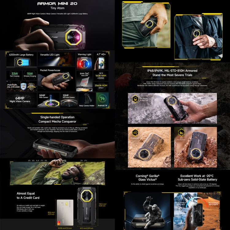 Ulefone Armor Mini 20, Night Vision, 8GB+256GB, IP68/IP69K Rugged Phone, 4.7 inch Android 14 MediaTek Dimensity 6300 Octa Core, Network: 4G, NFC, OTG (Black)