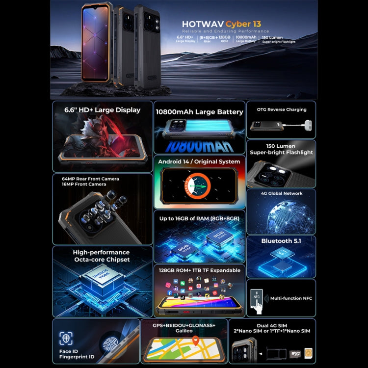 HOTWAV CYBER 13, IP68/IP69K Rugged Phone, 8GB+128GB, 10800mAh, 6.6 inch Android 14.0 Unisoc T606 Octa Core, Network: 4G, NFC, OTG (Orange) - free shipping - PMC TechLife - Order now!