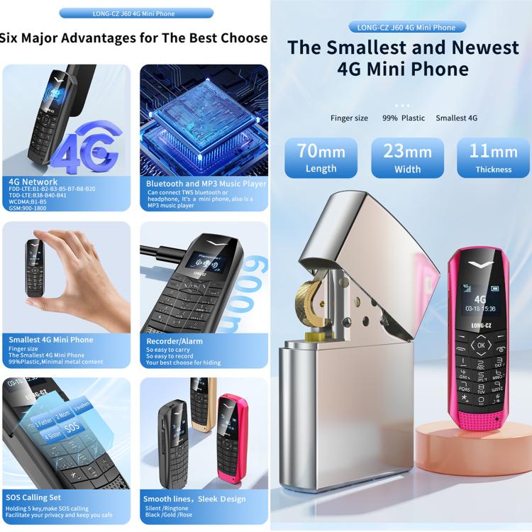 LONG-CZ S60 4G Mini Phone, 1.77 inch Unisoc T107, LED Flashlight, 21 Keys, Network: 4G, Single SIM (Black)