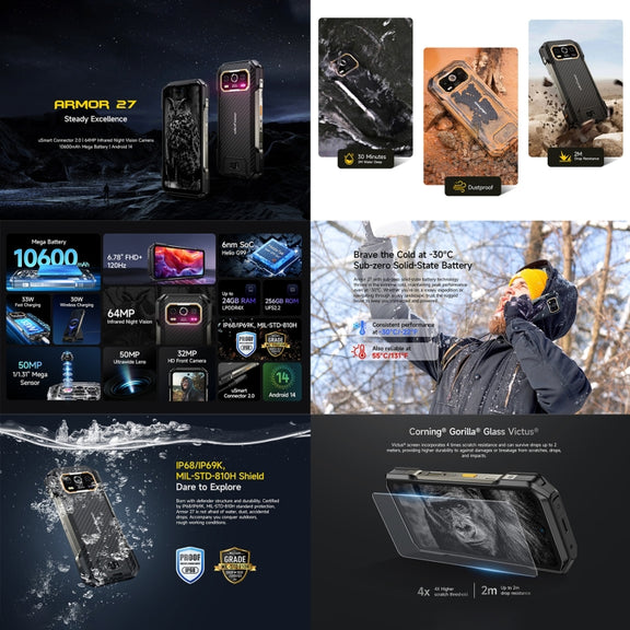 Ulefone Armor 27 Rugged Phone, 12GB+256GB, Night Vision, 10600mAh, 6.78 inch Android 14 MediaTek Helio G99 Octa Core, Network: 4G, NFC, OTG (Black)