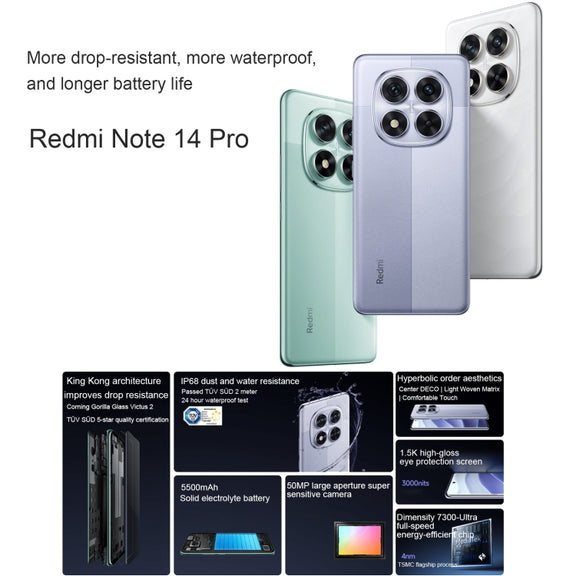 Xiaomi Redmi Note 14 Pro, 12GB+256GB, 6.67 inch Xiaomi HyperOS Mediatek Dimensity 7300-Ultra Octa Core, NFC, Network: 5G (White)