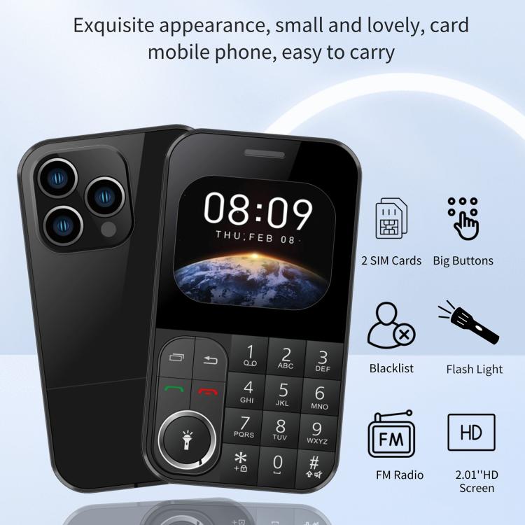 V9 Card Mobile Phone, 2.01 inch, MTK6261D, Support Bluetooth, FM, Torch, GSM, Dual SIM (Black)