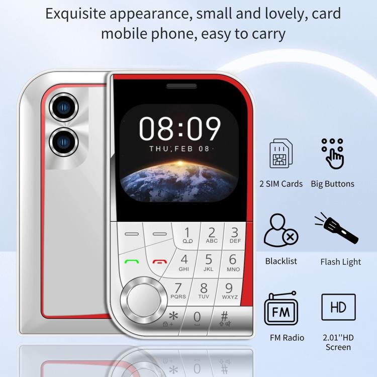 V10 Card Mobile Phone, 2.01 inch, MTK6261D, Support Bluetooth, FM, Torch, GSM, Dual SIM (Black)