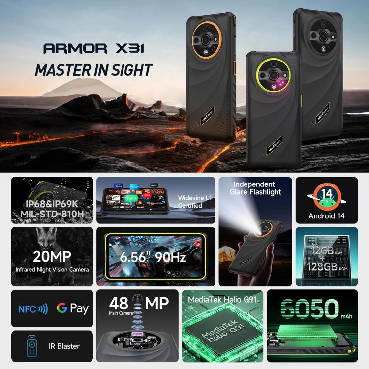 Ulefone Armor X31, 6GB+128GB, Night Vision, IP68/IP69K Rugged Phone, 6.56 inch Android 14 MediaTek Helio G91 Octa Core, Network: 4G, NFC, OTG (Black)
