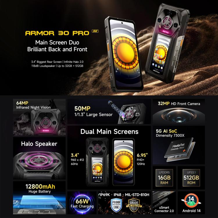 Ulefone Armor 30 Pro Rugged Phone, 16GB+512GB, Night Vision, 6.95 inch + 3.4 inch Dual Screen Android 14 MediaTek Dimensity 7300X Octa Core, Network: 5G, OTG, NFC (Black) - free shipping - PMc TechLife - Order now!