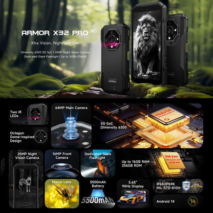 Ulefone Armor X32 Pro 5G, 8GB+256GB, Night Vision, IP68/IP69K Rugged Phone, 5.65 inch Android 14 MediaTek Dimensity 6300 Octa Core, Network: 5G, NFC, OTG (Classic Black) - free shipping - PMC Jewellery - Order now!