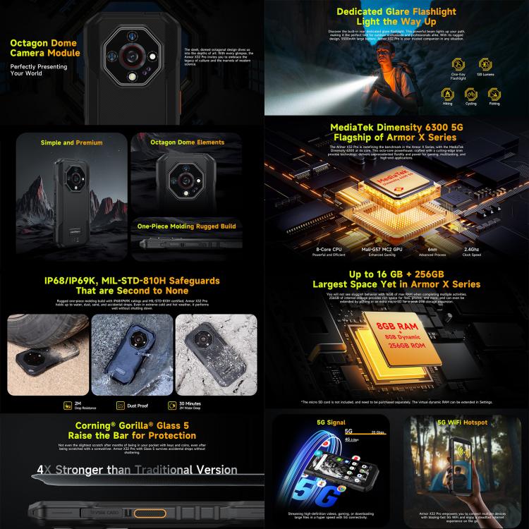 Ulefone Armor X32 Pro 5G, 8GB+256GB, Night Vision, IP68/IP69K Rugged Phone, 5.65 inch Android 14 MediaTek Dimensity 6300 Octa Core, Network: 5G, NFC, OTG (Classic Black) - free shipping - PMC Jewellery - Order now!