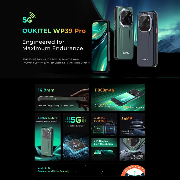 Oukitel WP39 Pro 5G Rugged Phone, 12GB+512GB, Night Vision, Fingerprint Identification, 6.6 inch Android 14 MediaTek Dimensity 6300 Octa Core, NFC, OTG, Network: 5G (Green)