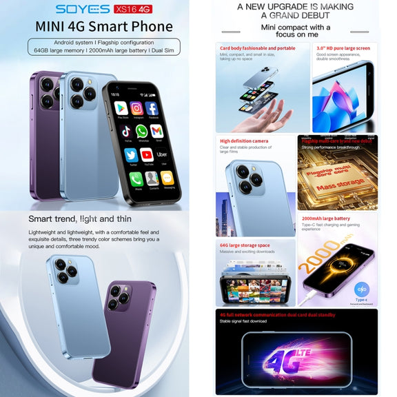 SOYES XS16, 3GB+64GB, 3.0 inch Android 10.0 MTK6737 Quad Core, Bluetooth, WiFi, Network: 4G, Dual SIM, Support Google Play Store (Blue)