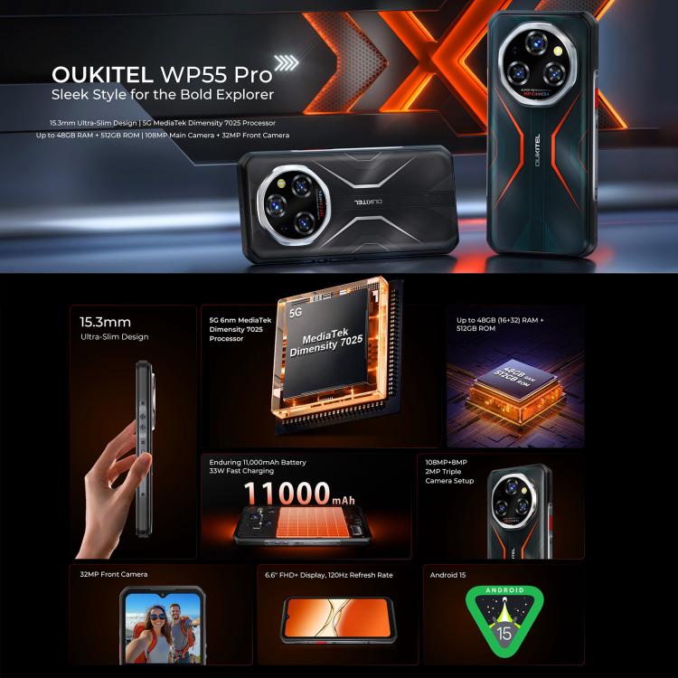 Oukitel WP55 Pro 5G Rugged Phone, 16GB+512GB, 108MP Camera, Fingerprint Identification, 6.6 inch Android 15 MediaTek Dimensity 7025 Octa Core, NFC, OTG, Network: 5G (Orange)