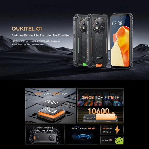 Oukitel G1 Rugged Phone, 6GB+256GB, Fingerprint Identification, 6.52 inch Android 14 T606 Octa Core, NFC, OTG, Network: 4G (Grey)
