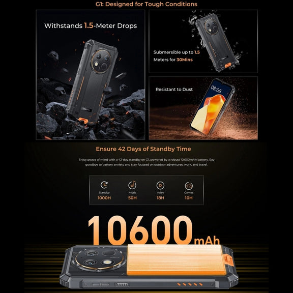 Oukitel G1 Rugged Phone, 6GB+256GB, Fingerprint Identification, 6.52 inch Android 14 T606 Octa Core, NFC, OTG, Network: 4G (Grey)