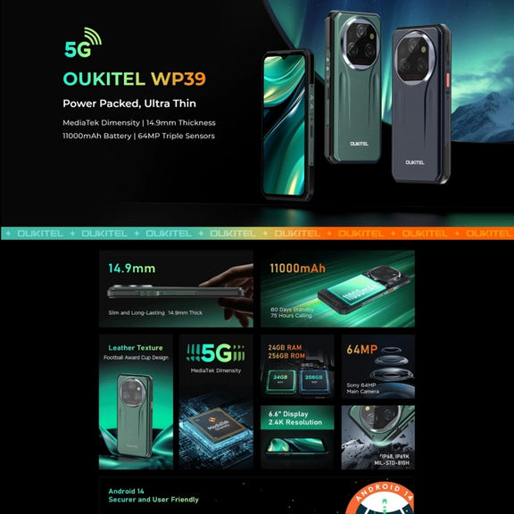 Oukitel WP39 5G Rugged Phone, 6GB+256GB, Night Vision, Fingerprint Identification, 6.6 inch MediaTek Dimensity 6100+ Octa Core, NFC, OTG, Network: 5G (Green)