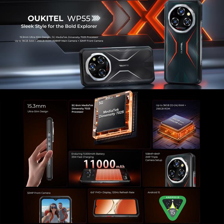 Oukitel WP55 5G Rugged Phone, 12GB+256GB, 108MP Camera, Fingerprint Identification, 6.6 inch Android 15 MediaTek Dimensity 7025 Octa Core, NFC, OTG, Network: 5G (Orange)