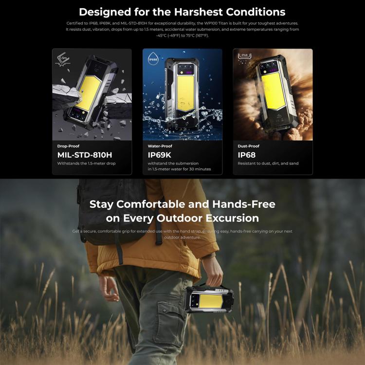 Oukitel WP100 TITAN 5G Projector Rugged Phone, 16GB+512GB, 200MP Camera, Fingerprint Identification, 6.8 inch Android 14 MediaTek Dimensity 7300 Octa Core, NFC, OTG, Network: 5G (Black) - free shipping - PMC TechLife - Order now!