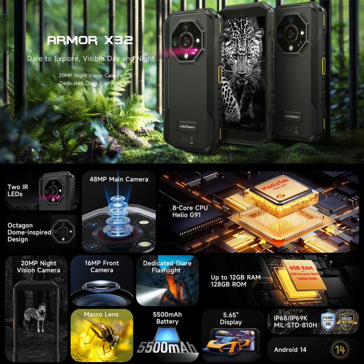 Ulefone Armor X32 Rugged Phone, 6GB+128GB, Night Vision, 5.65 inch Android 14 MediaTek Helio G91 Octa Core, Network: 4G, NFC, OTG (Classic Black)