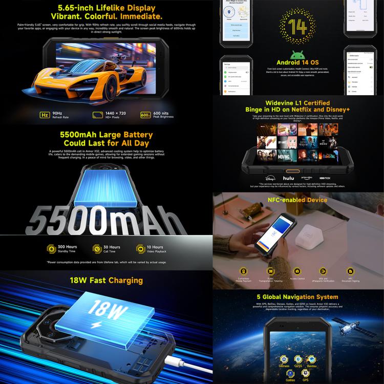 Ulefone Armor X32 Rugged Phone, 6GB+128GB, Night Vision, 5.65 inch Android 14 MediaTek Helio G91 Octa Core, Network: 4G, NFC, OTG (Classic Black)