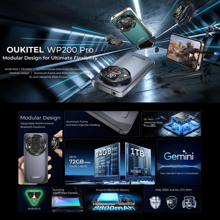 Oukitel WP200 Pro 5G Rugged Phone, 24GB+1TB, Screen Fingerprint, 6.7 inch Android 15.0 MTK Dimensity 8200 Octa-Core, NFC, OTG, Network: 5G (Black) - free shipping - PMC TechLife - Order now!